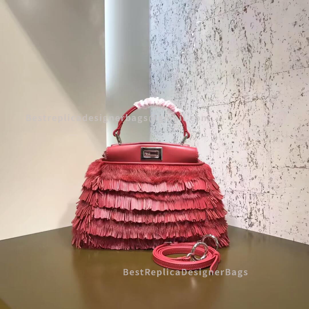 Fendi Peekaboo Iconic Mini Tassel Red Mink Effect Sheepskin Bag 3596